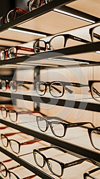 Stylish eyeglasses neatly arranged on a well lit store shelf photo