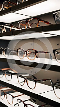 Stylish eyeglasses neatly arranged on a well lit store shelf photo