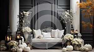 Stylish fall decorations in black and white on the front porch, hello fall. generative ai