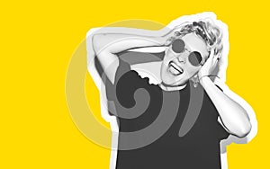 Stylish fashion blonde with short hair colorful collage. Crazy girl in a black t-shirt and rock sunglasses scream