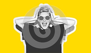 Stylish fashion blonde with short hair colorful collage. Crazy girl in a black t-shirt and rock sunglasses scream