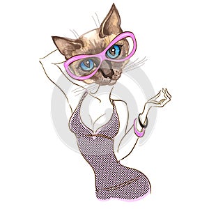 Stylish fashion kitty in sunglasses. Fashionable style. Vector. Watercolor