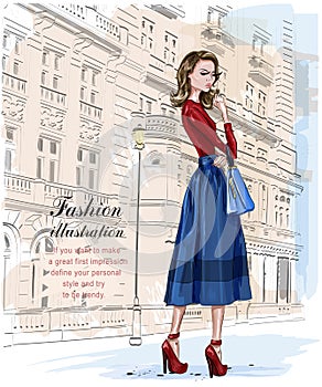 Stylish fashion woman with architectural background. Stylish beautiful young woman. Hand drawn girl with bag. Sketch.