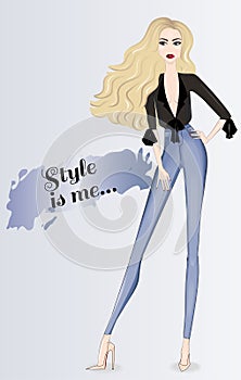 Stylish fashionable blond girl in jeans and shirt
