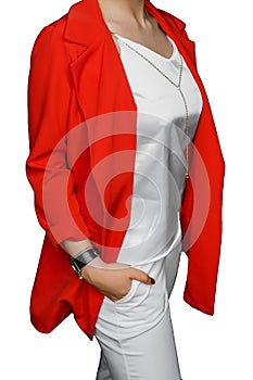 Stylish fashionable girl posing with her hand in her pocket in a white T-shirt and pants and a red jacket on a isolated background
