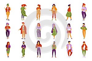 Stylish fashionable people set, men and women dressed in trendy modern clothes vector Illustration on a white background