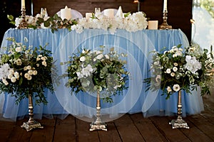 Stylish, fashionable wedding arch ceremony decorated with blue and white different flowers. Floral Design.Summer