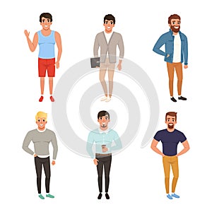 Stylish fashionable young men wearing modern trendy outfit set cartoon vector illustration