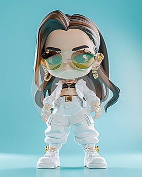 Stylish Female Action Figure with Sunglasses and Streetwear Outfit, Blue Background, Collectible Toy photo