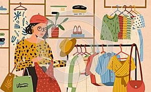 Stylish female choosing clothes in boutique vector flat illustration. Fashionable woman buyer holding apparel on hanger