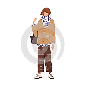 Stylish female wrapped in warm scarf standing with handbag vector flat illustration. Trendy girl demonstrate winter