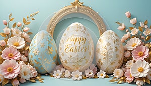 Easter 3D Typography Design with Floral and Egg Decorations
