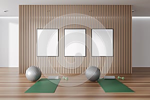 Stylish fitness interior with equipment and three mockup frames