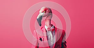 Stylish flamingo bird in a suit looking at the camera on a pink background, animal, creative concept