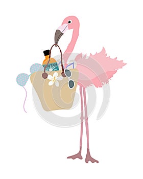 Stylish Flamingo tropical bird goes shopping. Summer sale template for poster, banner, postcard.