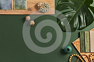 Stylish flat lay composition of creative architect moodboard design with samples of building, textile and natural materials. photo