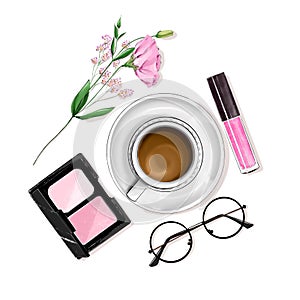 Stylish flat lay set with coffee cup, cosmetics, eyeglasses and flower.
