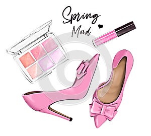 Stylish flat lay set with pink shoes, eye shadows and lipstick. Fashion illustration.