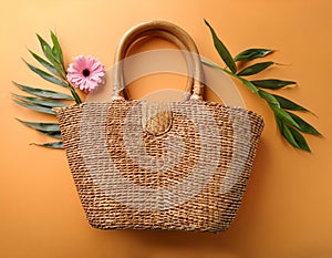 Stylish Flatlay Composition with Bamboo Bag on Color Background