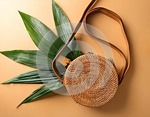 Stylish Flatlay Composition with Bamboo Bag on Color Background