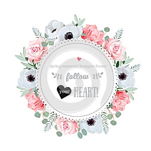 Stylish floral vector design frame. Anemone, rose, pink flowers.