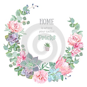 Stylish floral vector design round frame. Rose, camellia, pink flowers, echeveria, protea, eucaliptus leaves