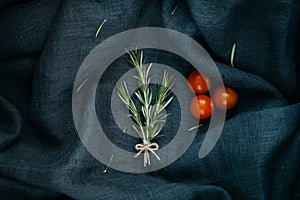 Stylish food. The rosemary and cherry tomatoes composition.