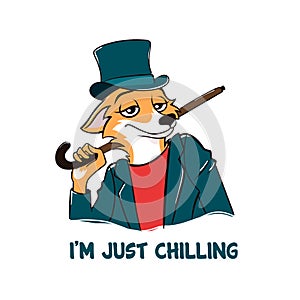 Stylish fox in suit just chilling. Cartoon character in green top hat with cane with sly face.