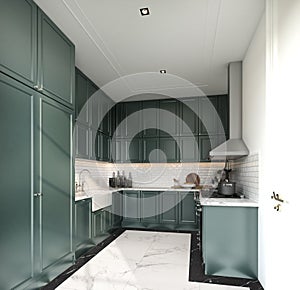 Stylish fully kitchen in modern classic style midnight green spray painted cabinet and white brick tiles install on the wall with