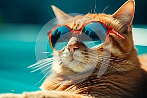 Stylish and funny, ginger cat in sunglasses charms in closeup