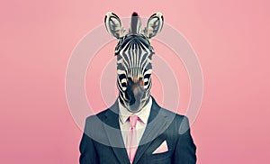 Stylish funny zebra in a suit looking at the camera on a pink background, animal, creative concept