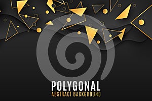 Stylish geometric background for your design. Low poly. Black and gold triangles and circles. Fluid design. Random polygonal