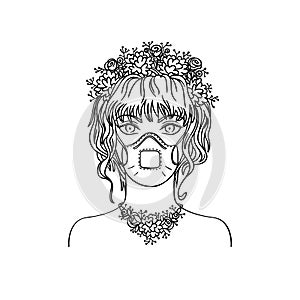 Stylish girl with bezel of flowers wearing medical mask. Coronavirus pandemic concept. Monochrome vector illustration of