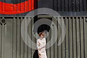 Stylish girl in a gently pink dress and straw hat standing next to a dark metal fence on a sunny day