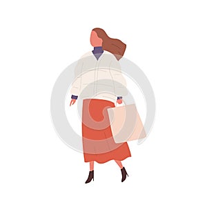 Stylish girl with handbag demonstrate spring or autumn street style vector flat illustration. Trendy female in warm