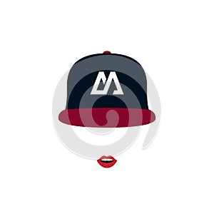 Stylish girl with red lips in baseball cap.