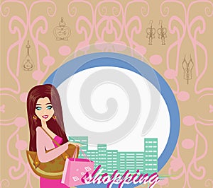 Stylish girl shopping , abstract card