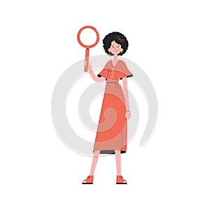 A stylish girl stands in full growth and holds a magnifying glass in her hands. Isolated. Element for presentations