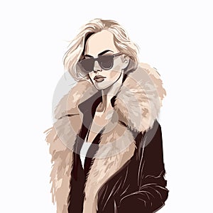 A stylish girl in sunglasses and a coat with blonde hair, depicted in a fashion illustration