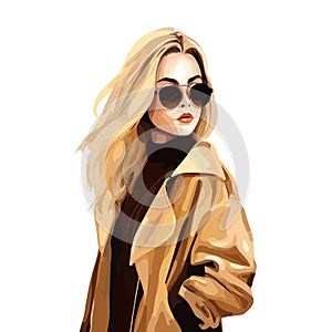 A stylish girl in sunglasses and a coat with blonde hair, depicted in a fashion illustration