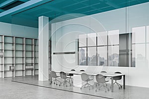 Stylish glass meeting room interior with board and chairs, shelf with documents