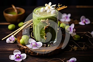 Stylish glass of trendy matcha green tea - fashionable and healthy drink option for trendsetters photo