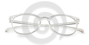 Stylish glasses with transparent frame isolated on white