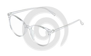 Stylish glasses with transparent frame isolated on white