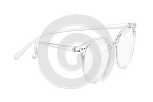 Stylish glasses with transparent frame isolated on white