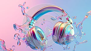 Stylish glossy headphones in liquid splashes flying on neon blue pink background. Seapunk vaporwave style. Music creativity