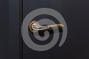 Stylish gold handle on a black door. Modern trends in interior design. Close-up