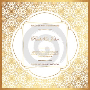 Stylish Gold and White Wedding Card. Royal Vintage Wedding Invitation template. Save the date card. Trendy design with geometric