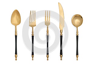 Stylish golden cutlery set on white background, top view