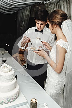 Stylish gorgeous bride and elegant groom cutting and tasting un